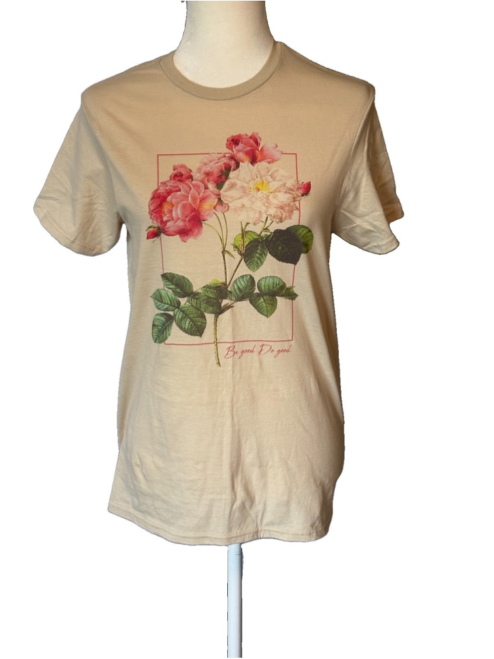 Fifth Sun Rose Floral Graphic Tee Shirt Small Tan Cottagecore Boho Botanical Art